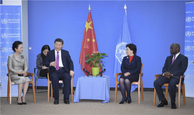2017年1月18日，国家主席习近平在瑞士日内瓦访问世界卫生组织并会见陈冯富珍总干事。新华社记者 吴晓凌